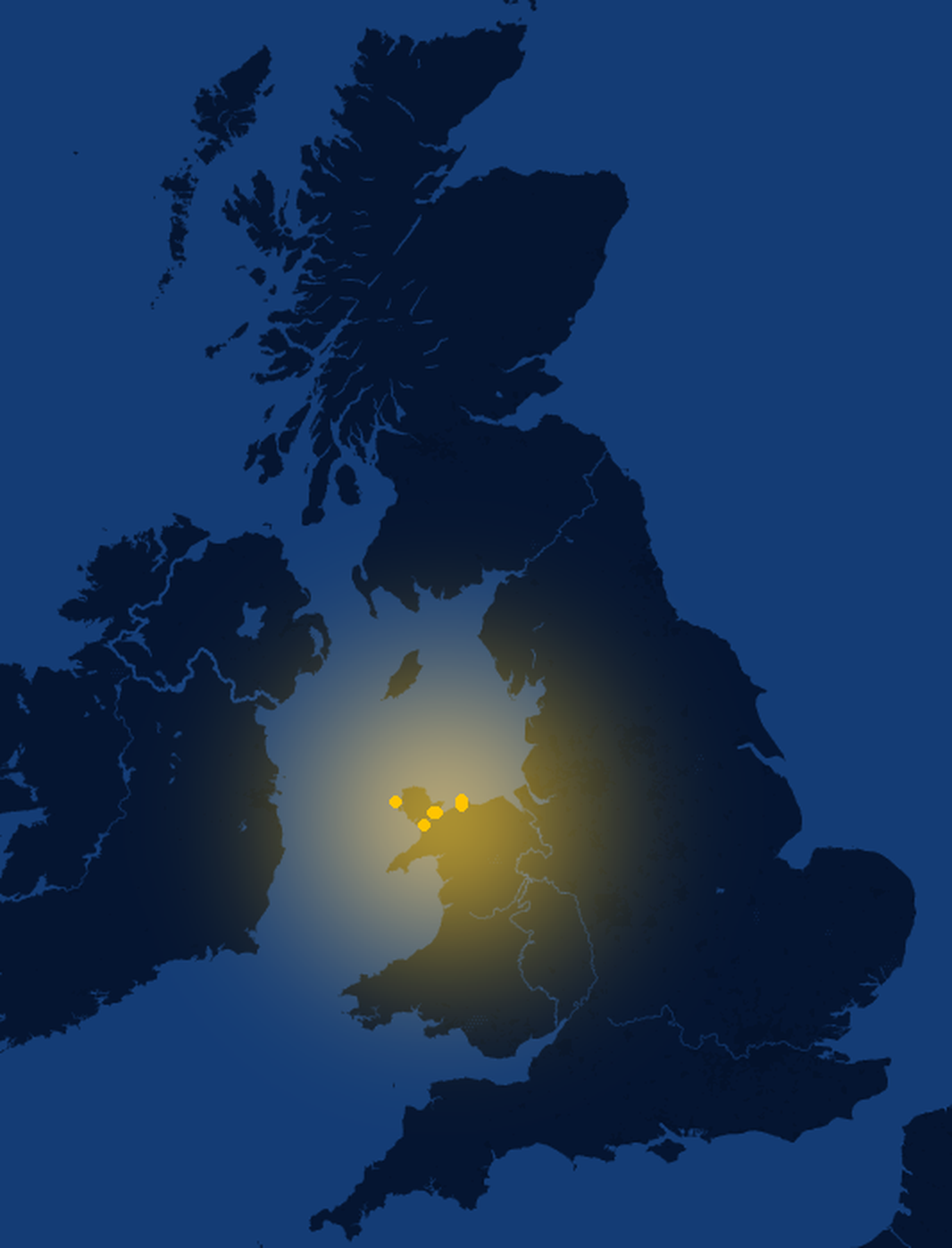 Map of the UK with North Wales glowing gold