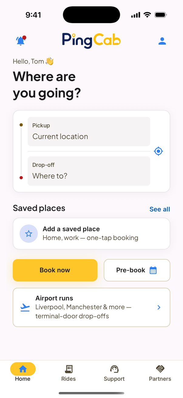 The PingCab home screen