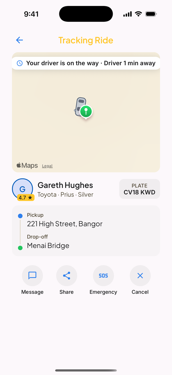 Tracking the driver on the map with a live arrival countdown